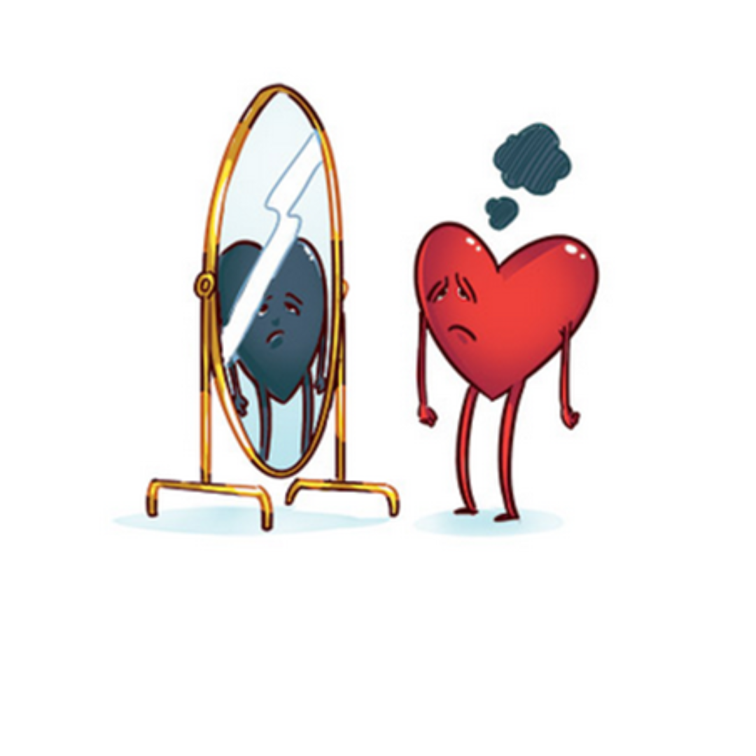 Un coeur rouge qui se regarde dans un miroir et qui voit un reflet de lui en noir car il n'aime son image dans le miroir